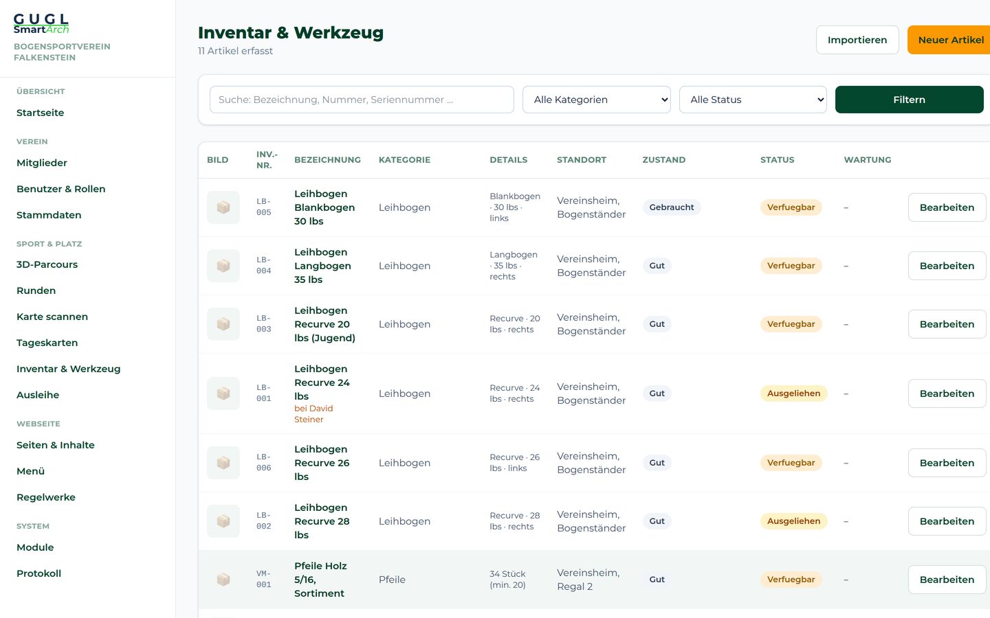 Inventarliste mit Leihbögen und Zustand