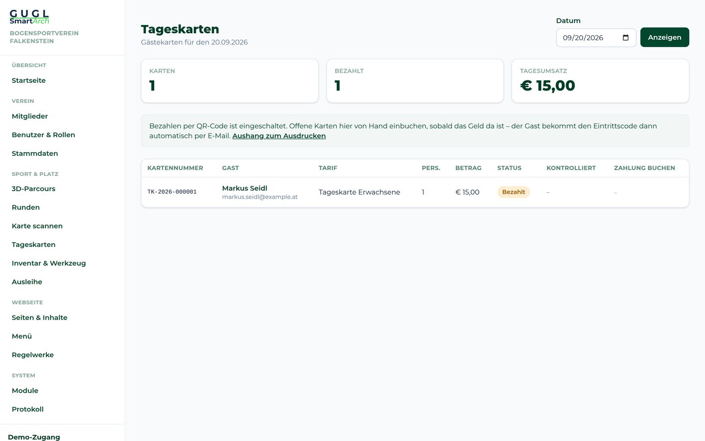 Tageskarten des Tages mit Zahlungsstand