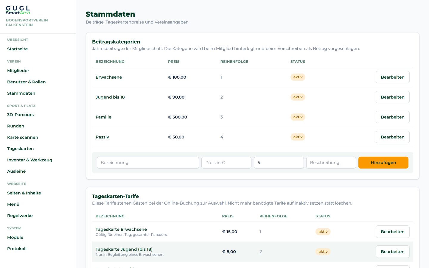 Beitragskategorien und Tageskartenpreise